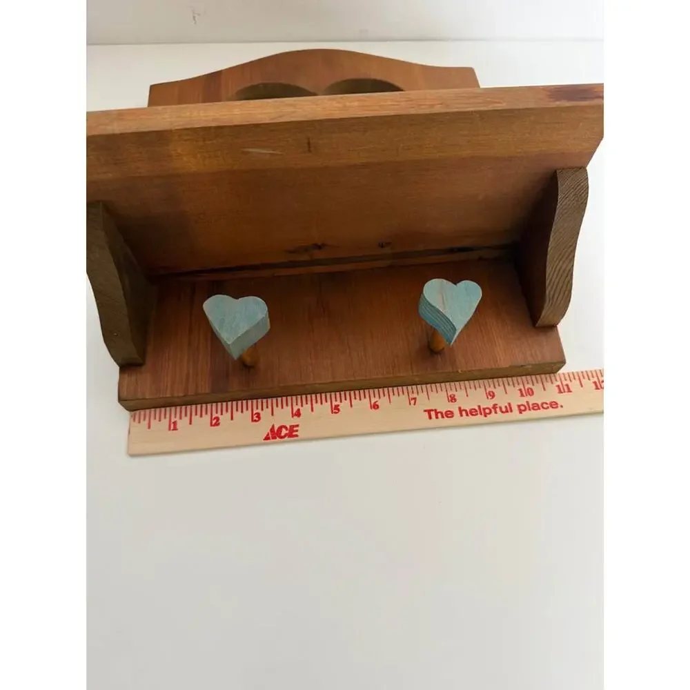 Wooden heart shelf, cut out peg hooks, primitive, solid wood
